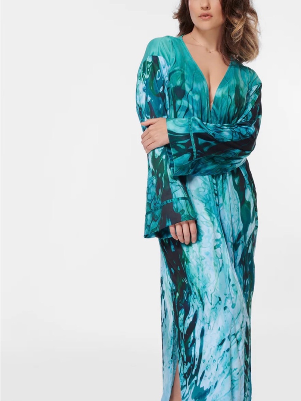 Teal Marble “Water Crush” V-Neck Long Sleeve Maxi Dress by Pattern Village NYC